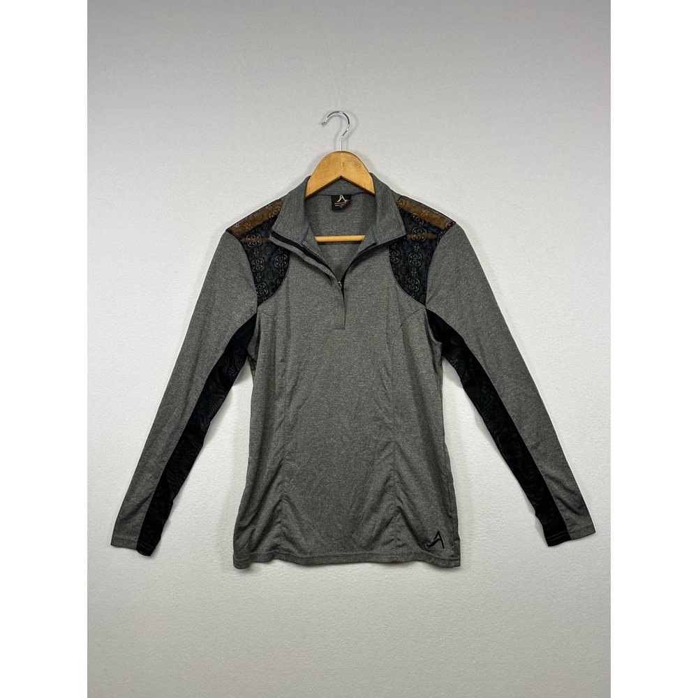 Equestrian Athleisure Arista Womens Large Gray Lace Mesh Quarter Zip Long Sleeve